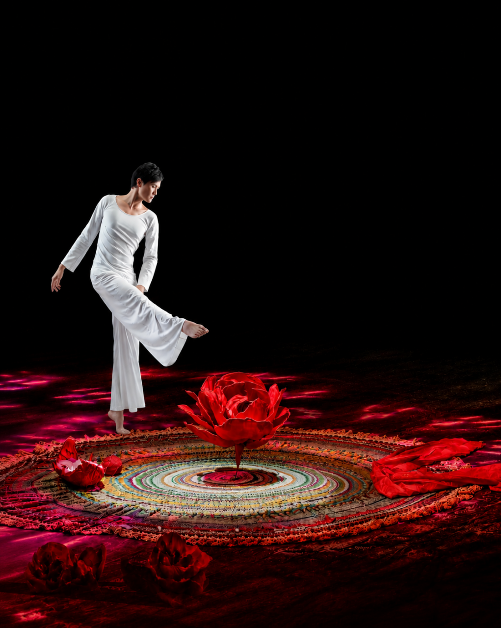 Irene K. - Eine Tänzerin in einem weißen Kleid balanciert auf einem Fuß in der Nähe eines farbenfrohen, kreisförmigen Mandalas beim Festival „Tanzende Stadt 2026“ und erinnert dabei an zeitgenössischen Tanz: Im Zentrum des Mandalas befindet sich eine große rote Blume, umgeben von roten Stoffblütenblättern vor einem dunklen Hintergrund.