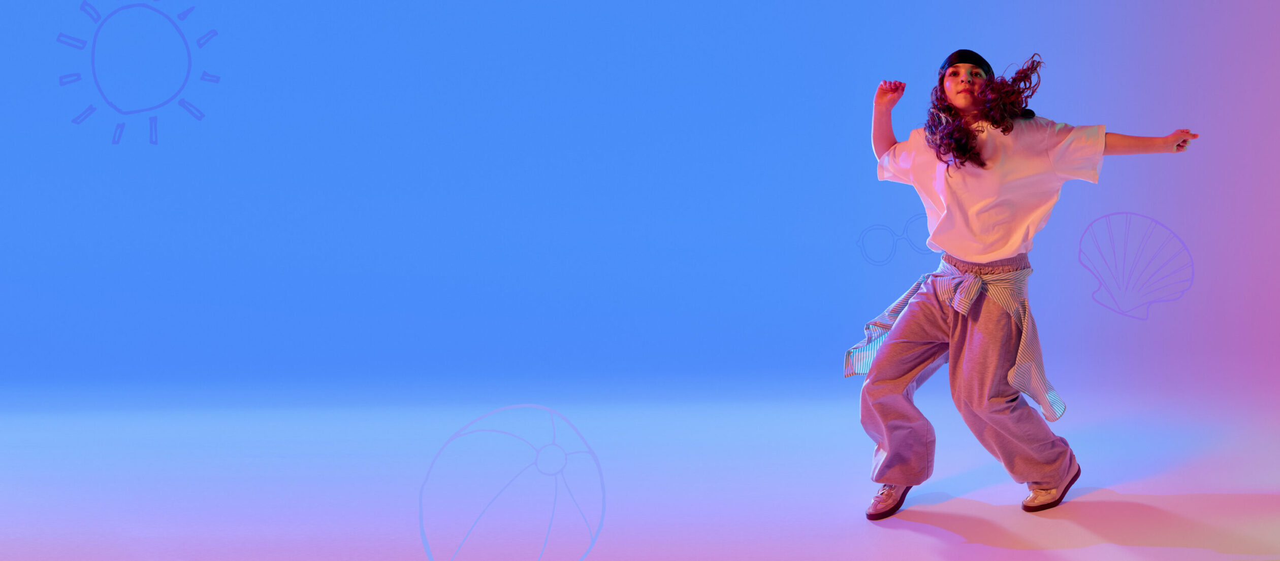 Irene K. - A person wearing loose pants, a white shirt, and a beanie dances energetically in a Hip-Hop style against a vibrant blue and purple background with faint outlines of a sun, beach ball, and seashell.
