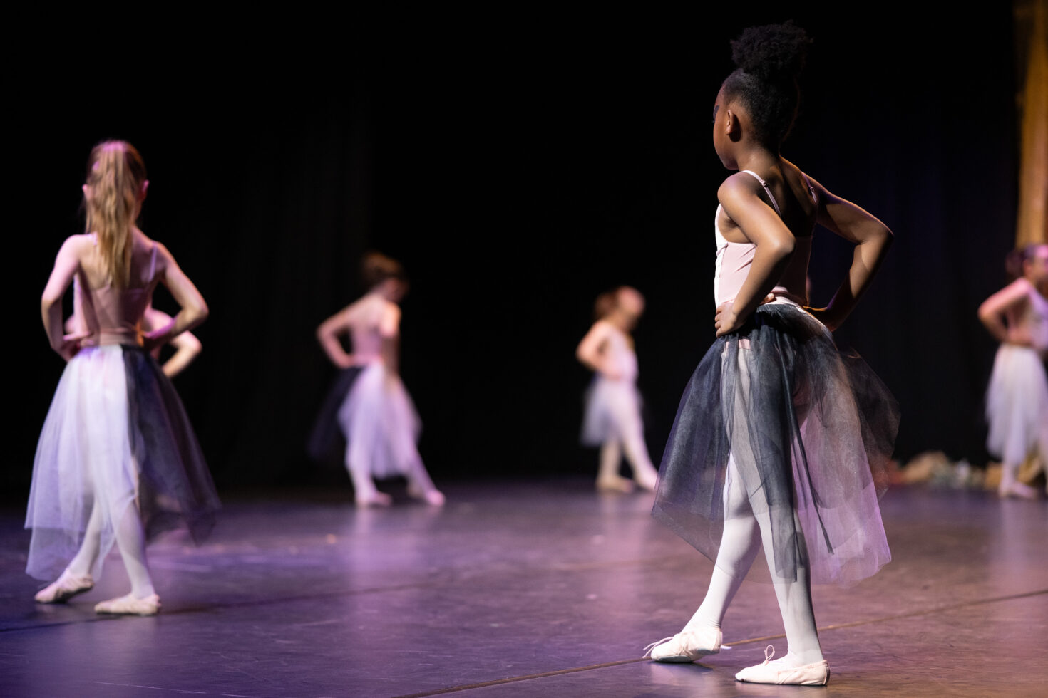 Irene K. - Junge Balletttänzerinnen in Tutus stehen auf einer Bühne und üben mit den Händen in den Hüften. Der Fokus liegt auf einem Mädchen, während die anderen im Hintergrund verschwimmen. Warme, theatralische Beleuchtung sorgt für die richtige Stimmung – perfekt für vielfältige Tanzkurse wie zeitgenössischen Tanz oder Ballett.