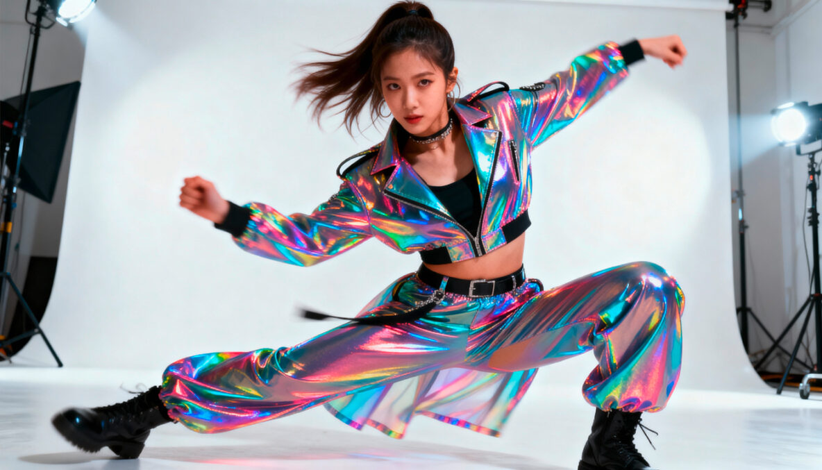 Irene K. - Eine junge Frau in einer glänzenden, holografischen Jacke und Hose nimmt eine dynamische Hip-Hop-Tanzpose in einem hell erleuchteten Fotostudio mit weißen Wänden und Scheinwerfern ein.