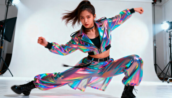 Irene K. - Eine junge Frau in einer glänzenden, holografischen Jacke und Hose nimmt eine dynamische Hip-Hop-Tanzpose in einem hell erleuchteten Fotostudio mit weißen Wänden und Scheinwerfern ein.